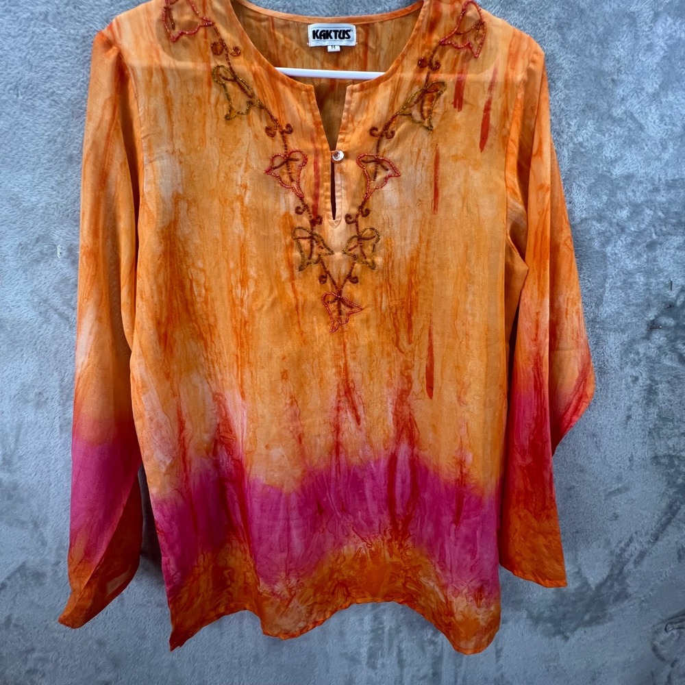 Bohemian Medium Orange Pink Tie Dye Beaded‎ Split Neck Chiffon Tunic Hippie